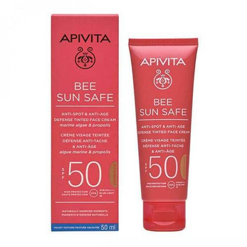 Apivita Bee Sun Safe Anti-Spot & Anti-Age Defense Tinted Face Cream with Marine Algae & Propolis SPF50 Golden Αντιηλιακή Κρέμα Προσώπου κατά των Πανάδων & των Ρυτίδων SPF50 με Χρώμα Golden Απόχρωση, 50ml