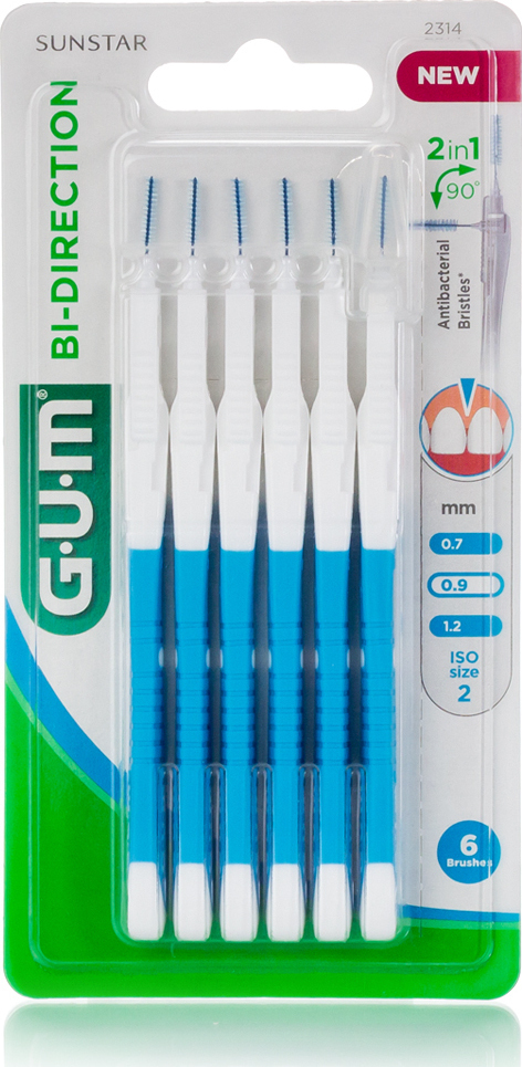 GUM Bi-Direction Μεσοδόντια Βουρτσάκια με Λαβή 0.9mm σε χρώμα Μπλε 6τμχ