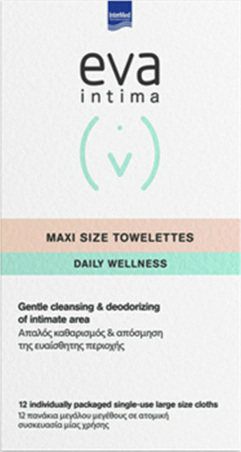 Intermed Eva Intima Maxi Size Towelettes Μαντηλάκια Καθαρισμού Ευαίσθητης Περιοχής Με Αντιμικροβιακή, Αποσμητική & Αντικνησμική Δράση 12 Ατομικά Φακελάκια