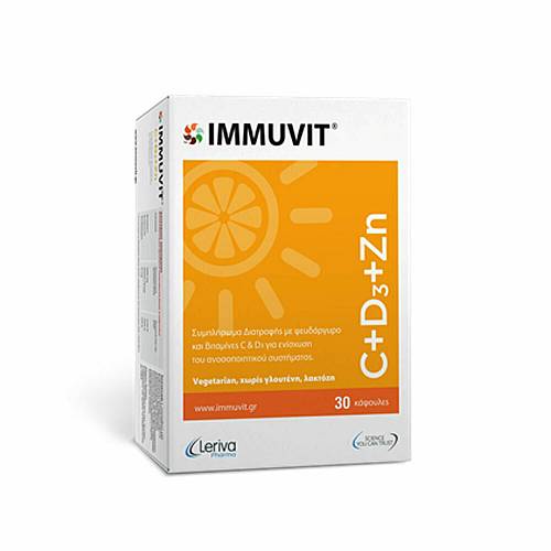 Leriva Immuvit C+D3+Zn Συμπλήρωμα Διατροφής Με Βιταμίνες C, D3 & Ψευδάργυρο Για Το Ανοσοποιητικό 30κάψουλες